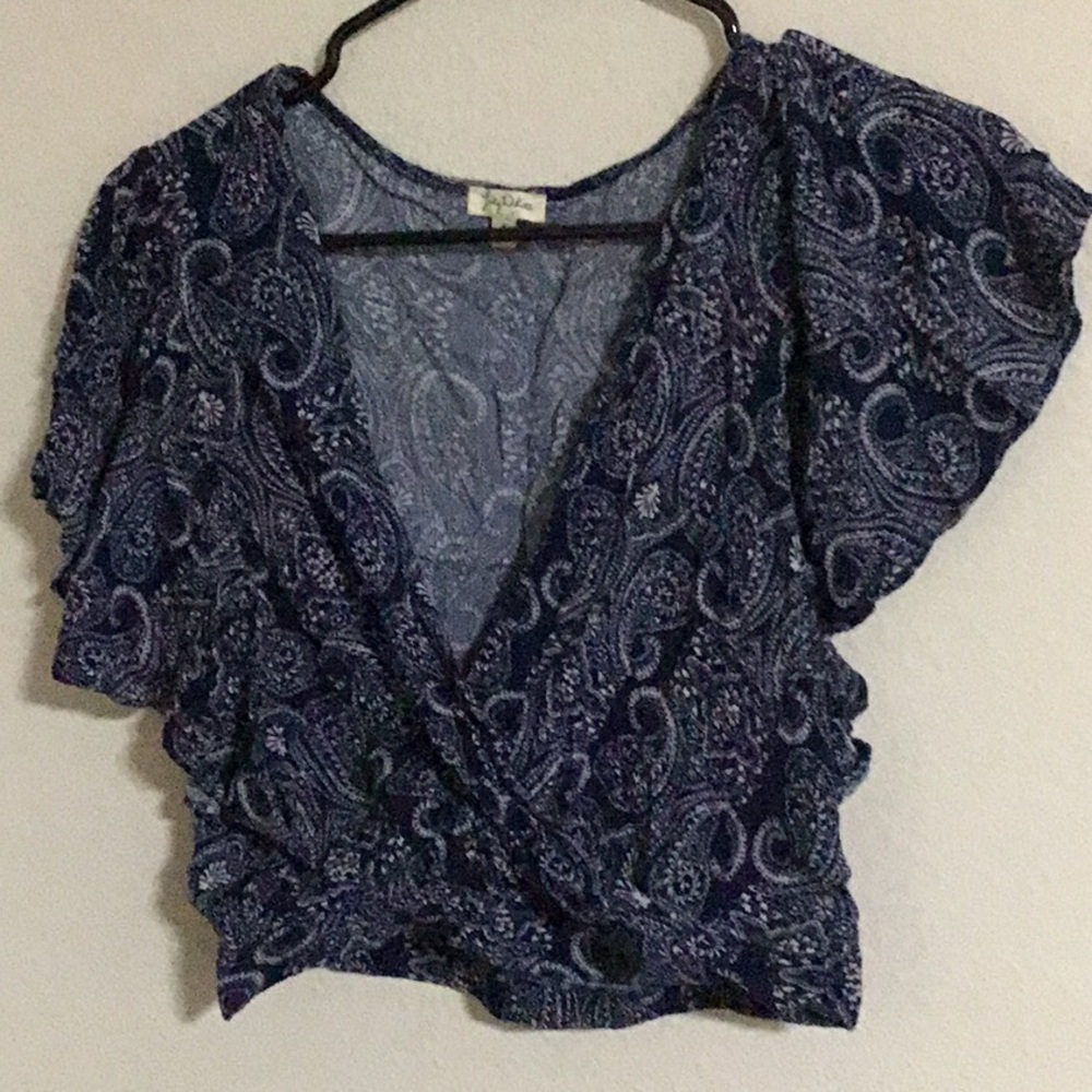 Lily White Blue Wrap Crop Blouse with Ruffled Cap Sleeves